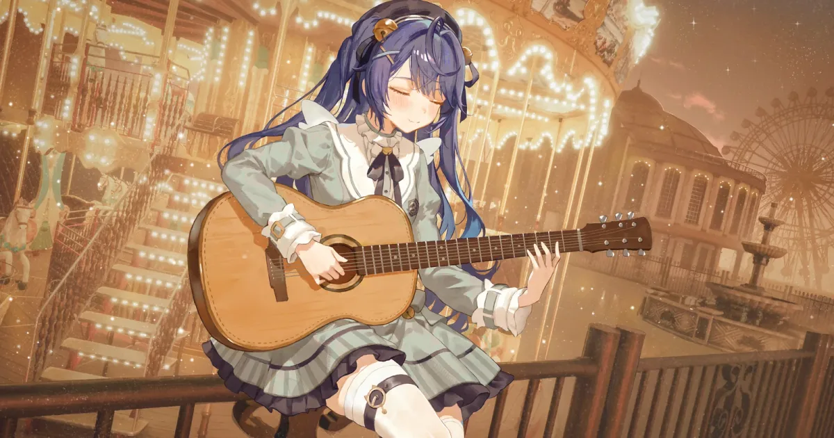 夜晚游乐场里抱着吉他的少女