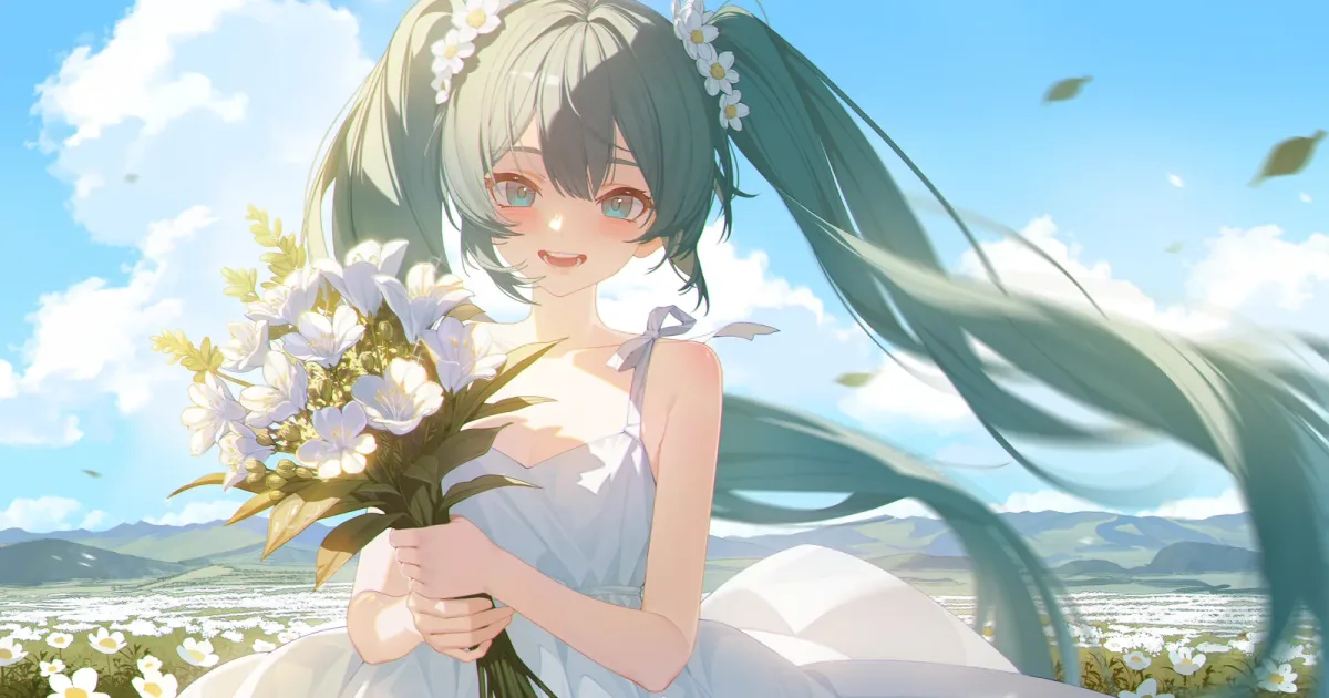 蓝天花田中捧着花束的少女